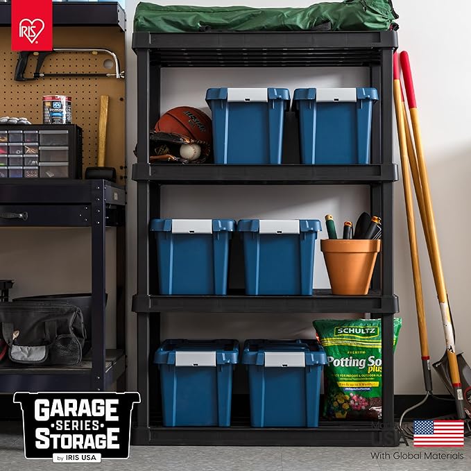 IRIS USA 5 Gallon Eco-Friendly Lockable Storage Bins with Lids 6 Pack - Made in USA Heavy Duty Stackable Containers Garage Organizing Bins Moving Tubs Rugged Sturdy Equipment Utility Box - Navy
