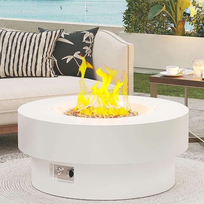 32.5 Inch Propane Fire Pit Table 50000 BTU Round Patio Fire Pit Table Outdoor CSA Certified Stainless Burner with Steel Lid Waterproof Cover &amp Lava Rocks for Garden Backyard White