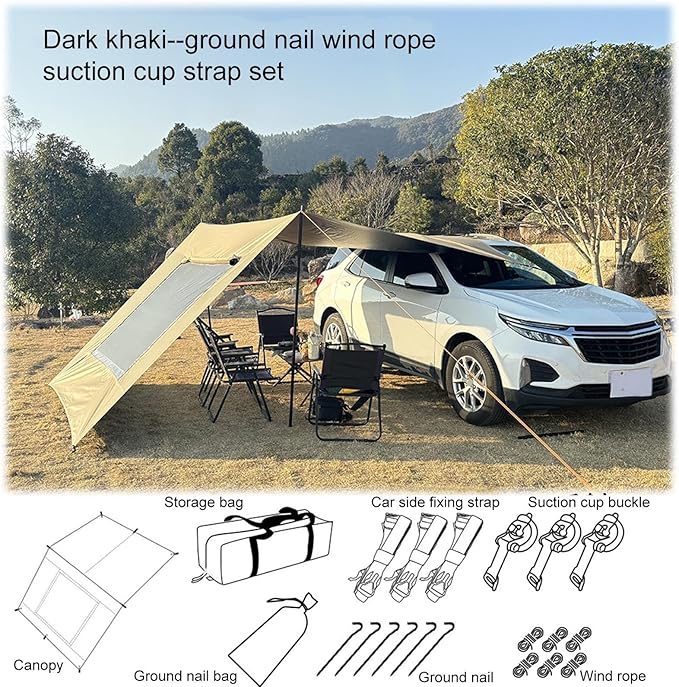 Car Awning – 48x28cm Oxford Mesh Black/Khaki Vehicle Shade Shelter Tailgate Canopy Cover Window Vent Screen | Ideal for Camping Roadside Rest Fishing Lakeside Shade Hiking Trail Breaks Beach