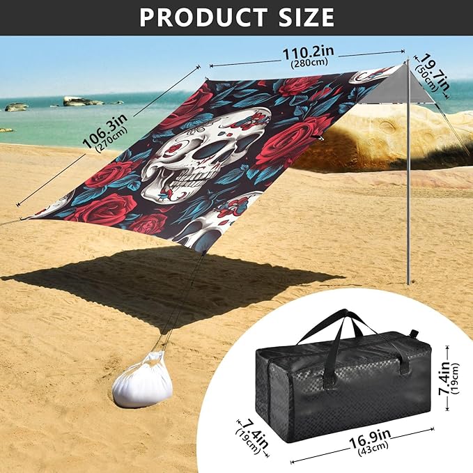 ALAZA Day of The Dead Skull Rose Seamless Beach Tent Sun Shelter Portable Canopy Sunshade for Outdoor Camping Picnics Backyard Fun 10x9 ft