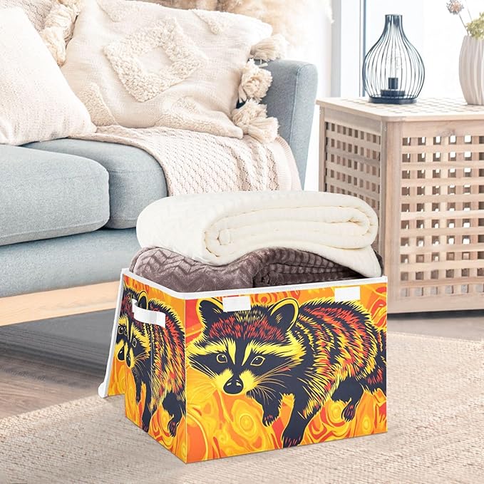 Storage Cube with Lid Surreal Raccoon Print 16.5×12.6×11.8 IN Collapsible Large Capacity Foldable Storage Basket Bin Organizer