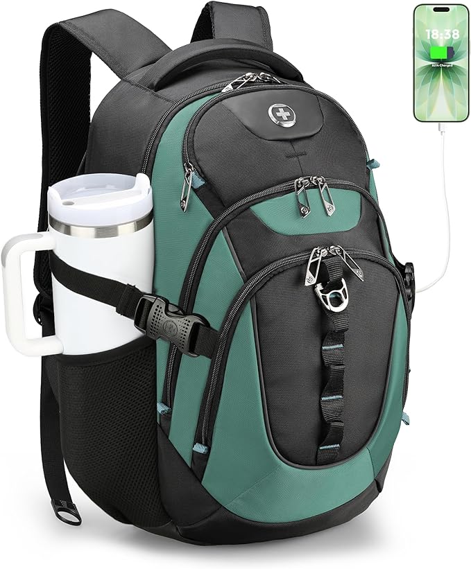 Swissdigital Design Laptop Backpack with USB Charging Port Travel Backpack Fits 15.6 inches Computer 31L College School Backpack for Men Lake Green/Black | SD803-27