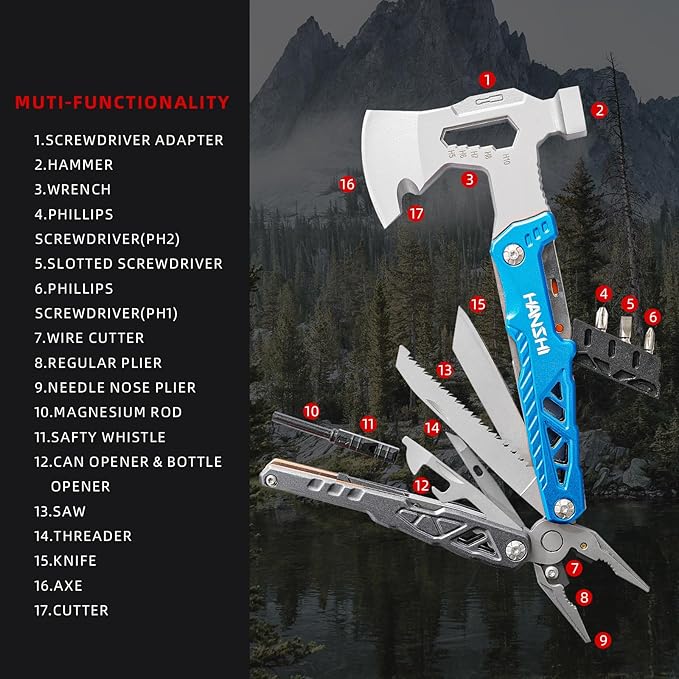 HANSHI Camping Axe Multitool with YG10 Tungsten Steel Replaceable Wire Cutters for Gift17 in 1 Multi Tool with Spring-Action PliersKnifeScrewdriverFlint RobSafty Whistle with Nylon Sheath (Blue)