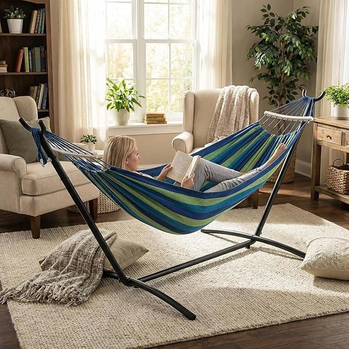 Double Hammock with Heavy Duty Steel Stand – Portable 2 Person Patio Hammock – Space Saving 9FT Frame – 450lb Capacity – Carry Bag Included – Outdoor Camping Backyard Beach – Light and