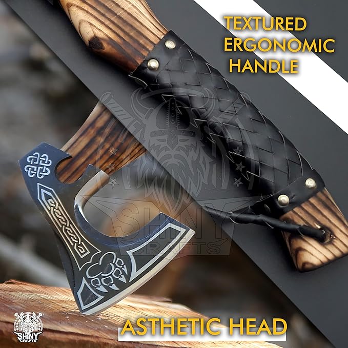 SHINY CRAFTS®- Decorative Viking Axe – Unique Gift for Dad Carbon Steel Blade with Leather Handle Perfect for Bushcraft or Display (SCA-16)