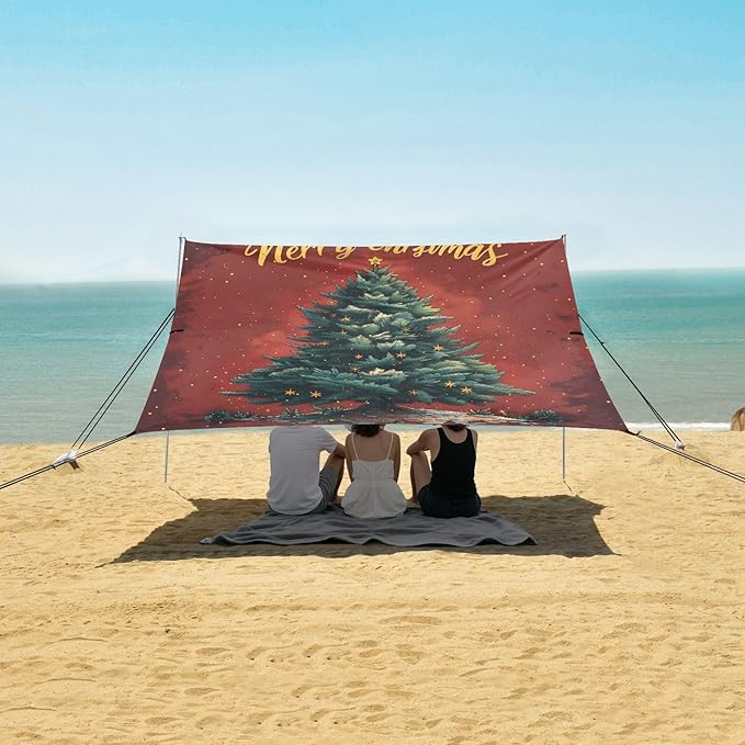 ALAZA Merry Christmas Tree Beach Tent Sun Shelter UPF50+ Protection Beach Shade Canopy w/ 4 Sandbags for Outdoor Camping Fishing Backyard Fun Picnic 10x9 ft
