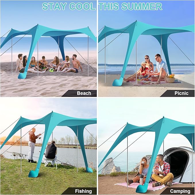Beach Tent Sun Shelter UPF50+ with Sandbags Sand Shovel &amp Windproof Poles - Portable Pop Up Canopy for Beach Camping Picnics Backyard &amp Fishing (Cyan10x10FT)