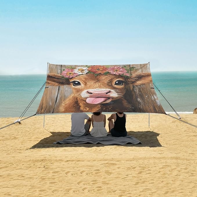 ALAZA Wooden Cow Beach Tent Sun Shelter Portable Canopy Sunshade for Outdoor Camping Picnics Backyard Fun 10x9 ft