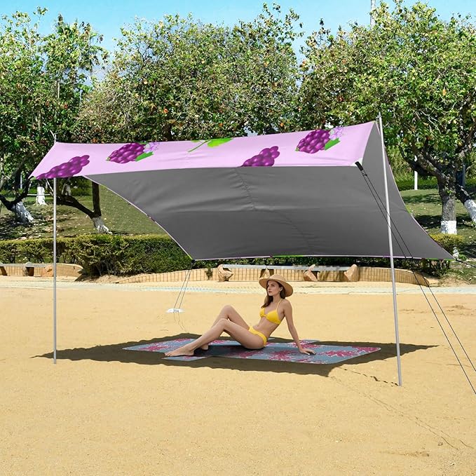 Beach Canopy with Windproof Ropes &amp Sandbags Beach Tent Sun Shade Sun Shelter for Camping Trips Fishing Backyard Fun or Picnics Grape