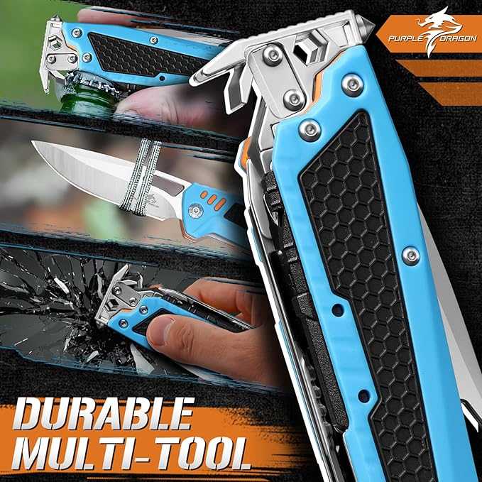 Purple Dragon Multitool13-in-1 Pocket Knife with SheathPerfect for Camping Hiking &amp Outdoor Use Gift for Men Dad Husband– Blue