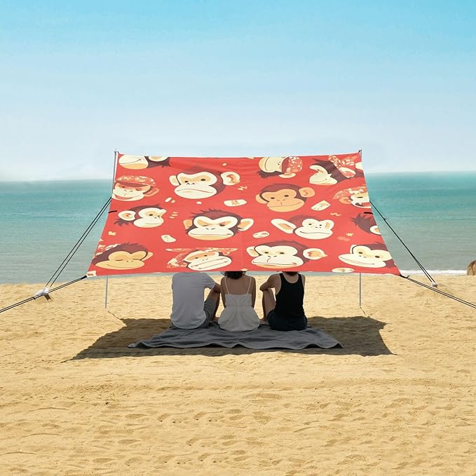Monkey Red Foldable Beach Tent UPF50+ Easy Setup Large Portable Sun Shelter with Sandbags Sand Shovel Poles for Family Trips Picnics &amp Camping