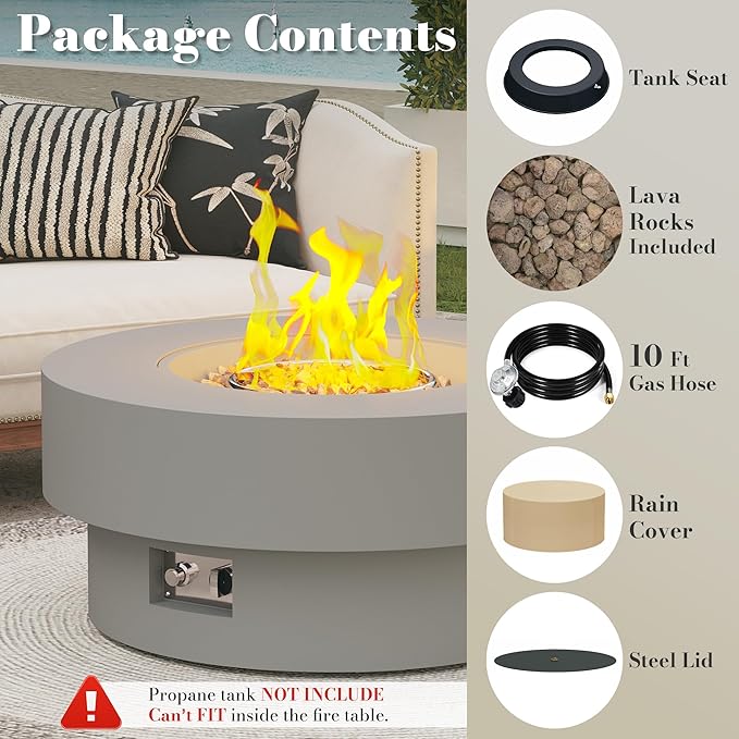 32.5 Inch Propane Fire Pit Table 50000 BTU Round Patio Fire Pit Table Outdoor CSA Certified Stainless Burner with Steel Lid Waterproof Cover &amp Lava Rocks for Garden Backyard Gray