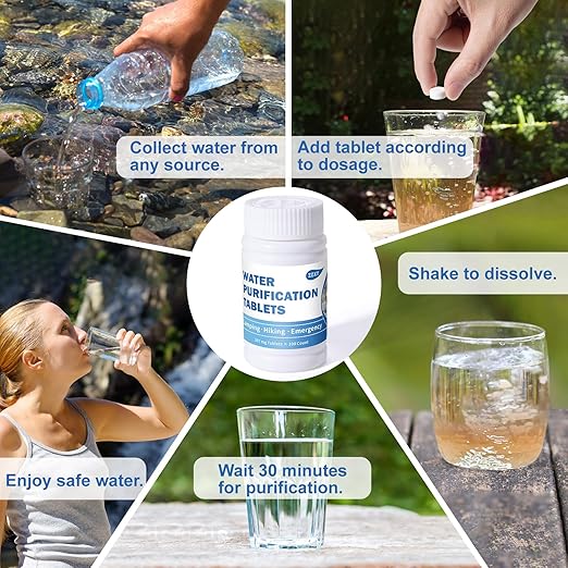 Water Purification Tablets (100 Count) - Water Tablets Purification for Drinking for Camping Boating Hiking Backpacking Emergencies - Portable Water Treatment for Safe Drinking Anywhere