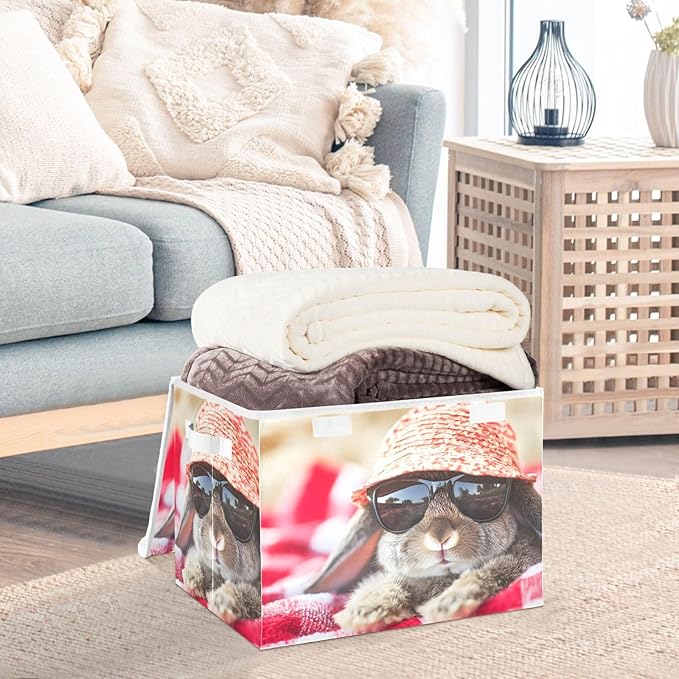 Storage Cube with Lid Rabbit on Beach Print 16.5×12.6×11.8 IN Collapsible Large Capacity Foldable Storage Basket Bin Organizer