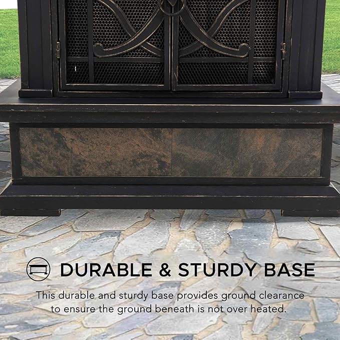 Sunjoy Outdoor Fireplace Stone Look Tile Patio Wood Burning Steel Fireplace with Chimney Spark Screen Fire Poker Rain Cover and Removable Grate Copper with Gray Tile