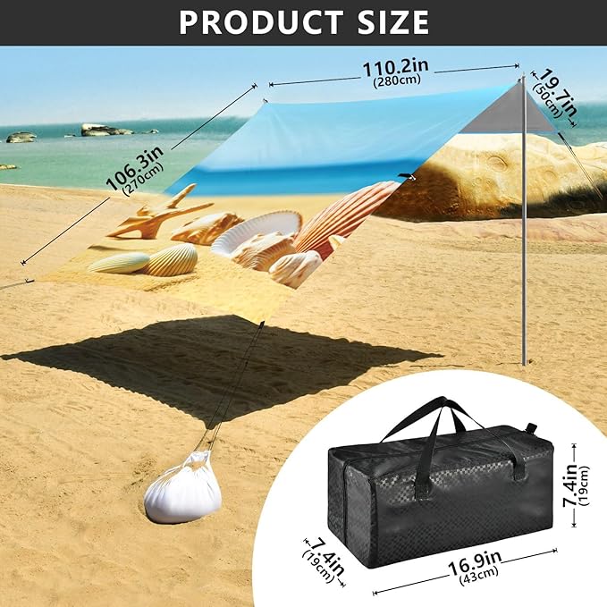 Beach Canopy with Windproof Ropes &amp Sandbags Beach Tent Sun Shade Sun Shelter for Camping Trips Fishing Backyard Fun or Picnics Beach
