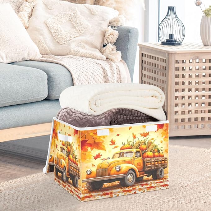 Collapsible Storage Bins with Lids Decorative Fabric Storage Cubes Closet Organizer and Storage Basket Boxes Containers for Clothes Box Chest Folding Rectangle Fall Thanksgiving Pumpk