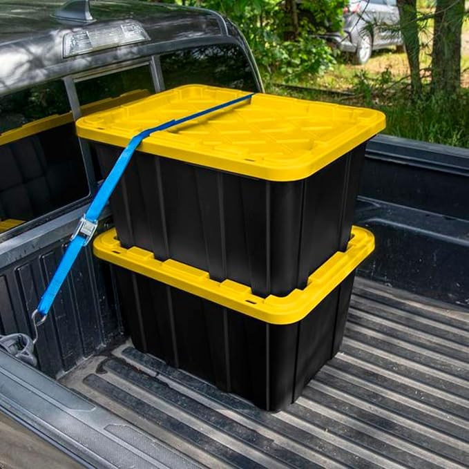 Sterilite 8-Pack 27 Gallon Industrial Storage Tote Heavy-Duty Plastic Bins Black/Yellow - Stackable Utility Organizers with Lids for Garage Camping Tools and Outdoor Gear
