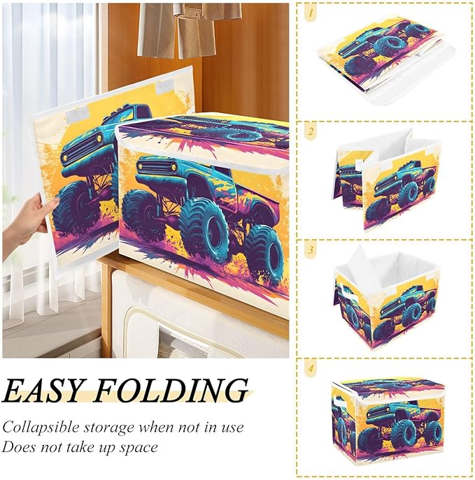 AIXIWAWA Lidded Storage Cube (Cartoon Monster Truck) Fabric Foldable Closet Bins with Flip Lid and Handles Organizer Basket Container 16.5 x 12.6 x 11.8 IN