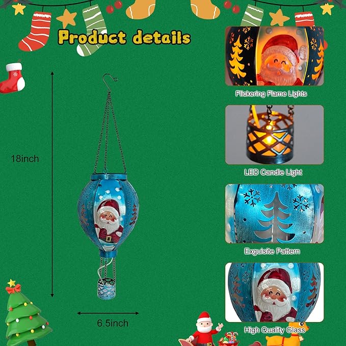 Outdoor Hot Air Balloon Solar Lanterns with Flame Solar Lights Outdoor Waterproof Hanging Christmas Lanterns Decor for Patio Porch Xmas Holiday Party(Santa Claus)