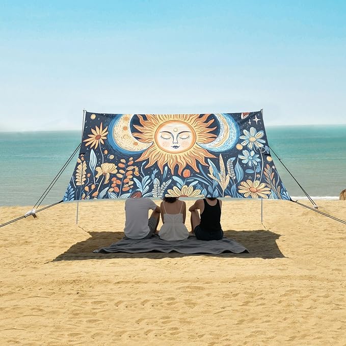 Sun Moon Art Beach Tent Sun Shelter Set UPF50+ UV Protection 10.5 x 9.19 FT Camping Shade Canopy with Sandbags Sand Anchors Carrying Bag and Others