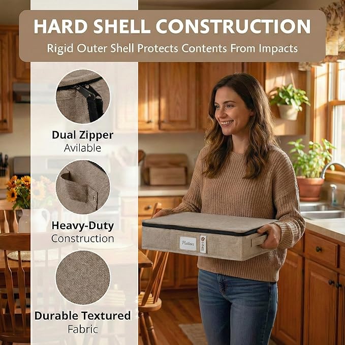 Platter Storage Containers - Hard Shell Protection for Fine China Sturdy Dish Organizer with Dividers for Seasonal Storage Moving &amp More - Protects up to 4 Platters (Brown)