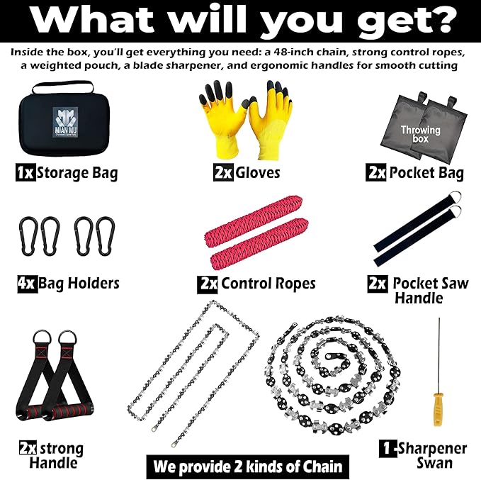 2 Pack High Limb Rope Saw 55 Inch – Dual Sided Manual Chainsaw with 70 Sharp Teeth Tree Rope Chain Saw for High Limbs with Storage Box – Heavy Duty Rope Saw for Tree Cutting Camping &amp Survival