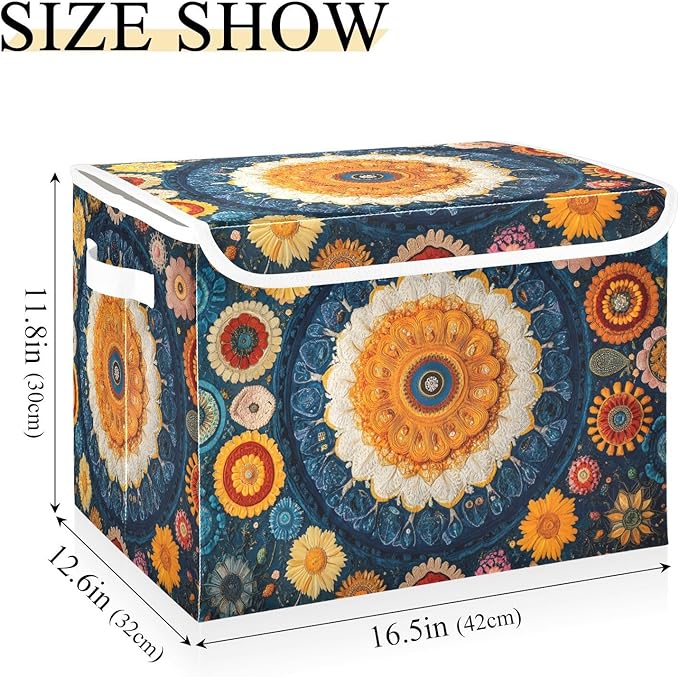 AIXIWAWA Lidded Storage Cube (Ethnic Floral Pattern) Fabric Foldable Closet Bins with Flip Lid and Handles Organizer Basket Container 16.5 x 12.6 x 11.8 IN