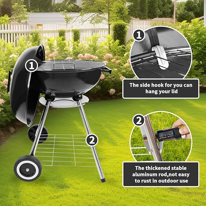 18 Inch Charcoal Grill BBQ Kettle Grill with Enamel Lid &amp Ash Catcher Portable Charcoal Grill for Outdoor Grill Camping and Small Patio Backyard Includes Wheels for Easy Mobility
