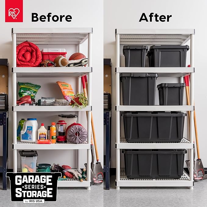 IRIS USA 31 Gallon Heavy Duty Storage Totes with Easy-Grip Handles 4 Pack - Large Bins with Lids Garage Organizing Tubs Durable Stackable Utility Containers Made in USA - Black