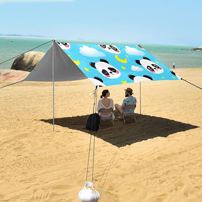 Panda Beach Canopy Sun Shelter with Sandbags &amp Sand Shovel &amp Windproof Ropes - Portable 110x126 Beach Shade Beach Tent for Camping Picnics