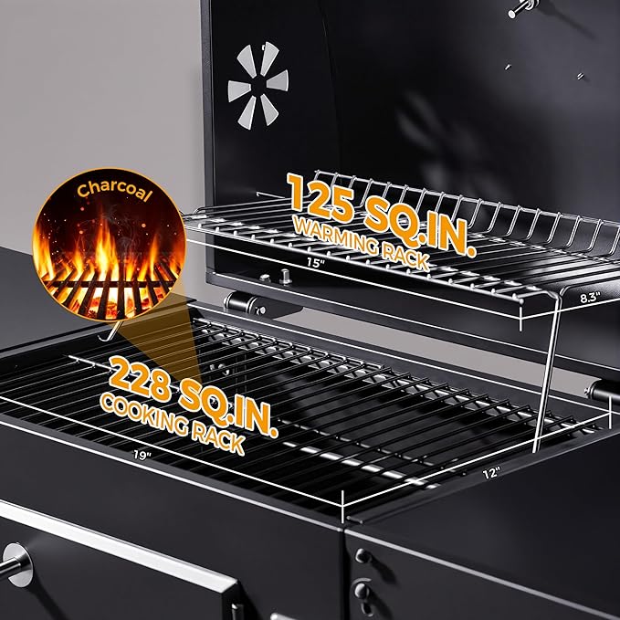 MASTER COOK Charcoal Grills with Two Foldable Side Tables 353 Sq.In Cooking Area Outdoor Smoke Barbecue bbq Grill for Camping Backyard Party Patio Picnic Garden Black18D x 43W x 37H