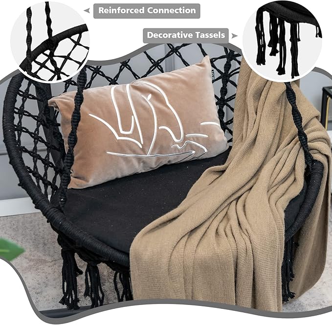 Giantex Hammock Chair Macrame Swing - Hanging Chair with Cushion and Hardware Kit 330 LBS Weight Capacity Indoor Swing for Hammock Stand Patio Balcony Living Room Hammock Swing (Black)