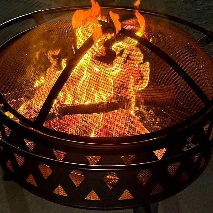 32 Inch Fire Pit Outdoor Burning Stove 2 in 1 Metal Round Fireplace for Outside Bonfire Party BBQ Camping Backyard Patio Garden w/Fire Poker Spark Screen Grate Cover (Rhombic)