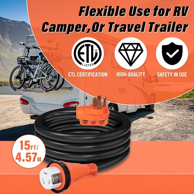 WELLUCK 50 Amp 15FT RV Power Extension Cord with Cord Organizer Heavy Duty NEMA 14-50P to SS 2-50R RV Twist Locking Adapter Plug for RV Camper and Generator to House 6/3+8/1 Gauge ETL Listed