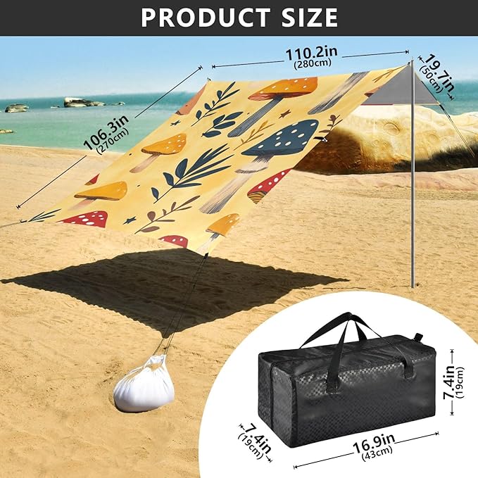 ALAZA Mushroom Green Leave Beach Tent Sun Shelter Portable Canopy Sunshade for Outdoor Camping Picnics Backyard Fun 10x9 ft
