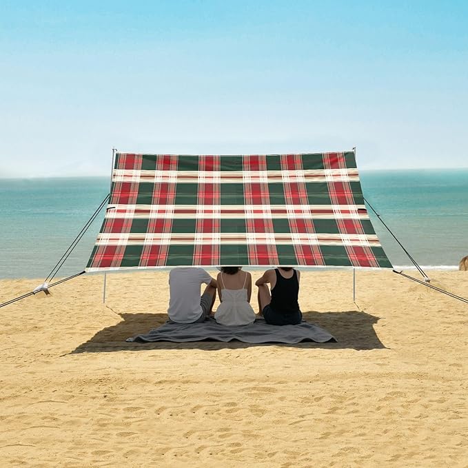 ALAZA Red Green and White Tartan Plaid Beach Tent Sun Shelter UPF50+ Protection Beach Shade Canopy w/ 4 Sandbags for Outdoor Camping Fishing Backyard Fun Picnic 10x9 ft