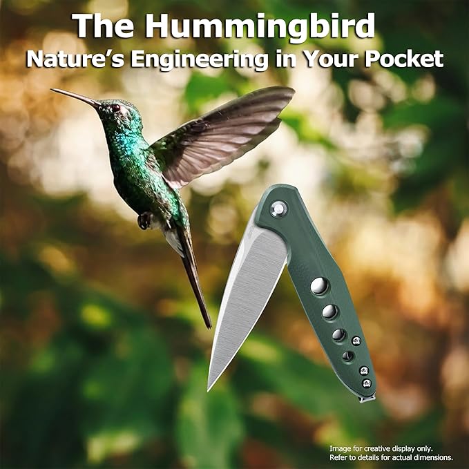 Hummingbird Lightweight Pocket Knife Symbol of Luck &amp PrecisionD2 Steel Folding Blade with Military Green G10 Handle Lightweight Everyday Carry Knife for Husband Dad Unique EDC Gift with Pre