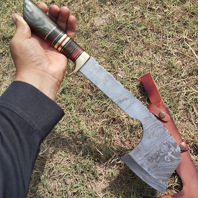 Custom Handmade Viking Hatchet Axe 216+ Layers Damascus Steel Bearded - Camping - Battle - Tomahawk Axes with Leather Sheath