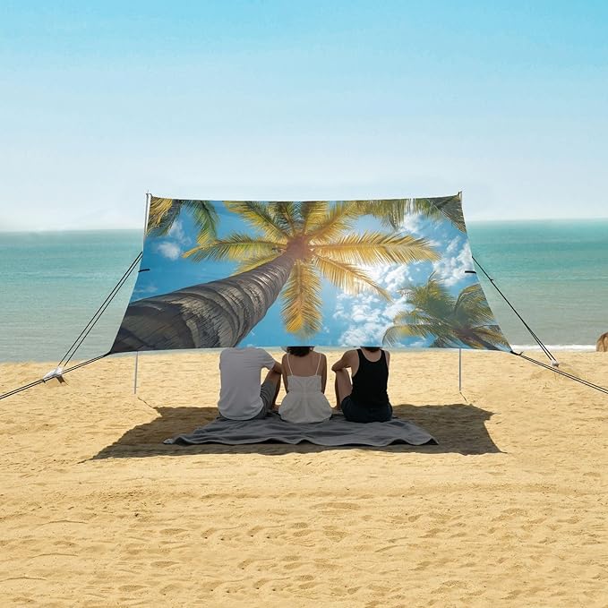 Summer Palm Trees Beach Tent Sun Shelter Set UPF50+ UV Protection 10.5 x 9.19 FT Camping Shade Canopy with Sandbags Sand Anchors Carrying Bag and Others