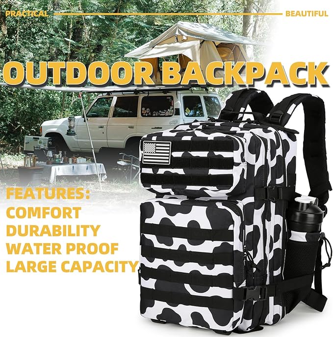 Lovelinks21 25L Tactical Backpack Military Tactical Backpack for Men and Women Small Assault Pack Outdoor Travel Hiking Camping Rucksack with Molle Webbing (Cow Print)