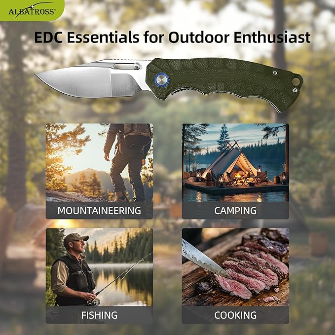 ALBATROSS Outdoor Style Father's Day Gifts Green Ultra-Light Pocket Knife 2oz Satin D2 Blade G10 Handle Liner Lock Thumb Hole Gift Box for Father's Day Birthday