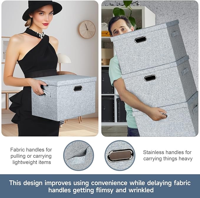 Graciadeco Large 17 36 Quart Collapsible Stackable Storage Bins with Lids 3 Packs Blue-Grey Linen Fabric Closet Boxes with Lids Storage Cube Baskets Container Organizers for Bedroom (17x12x11)