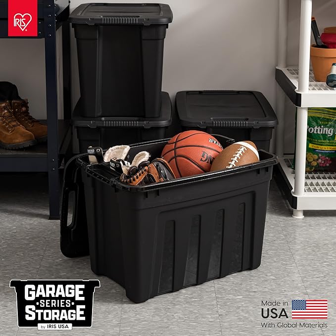 IRIS USA 31 Gallon Heavy Duty Storage Totes with Easy-Grip Handles 4 Pack - Large Bins with Lids Garage Organizing Tubs Durable Stackable Utility Containers Made in USA - Black