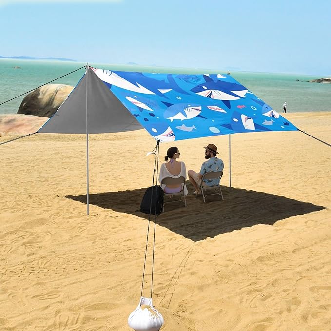 Shark Ocean Blue Beach Canopy UPF50+ Water-Resistant Sun Shelter with Sandbags &amp Sand Shovel for Camping Picnics Backyard