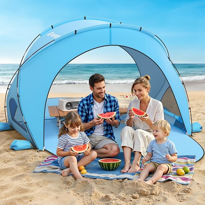 Raynesys Beach Tent Sun Shelter Sun Shelter for 1-4 Person Beach Shade Tent Beaches Shade with 2 Zippered Doors Portable Tents for Camping Fishing Blue
