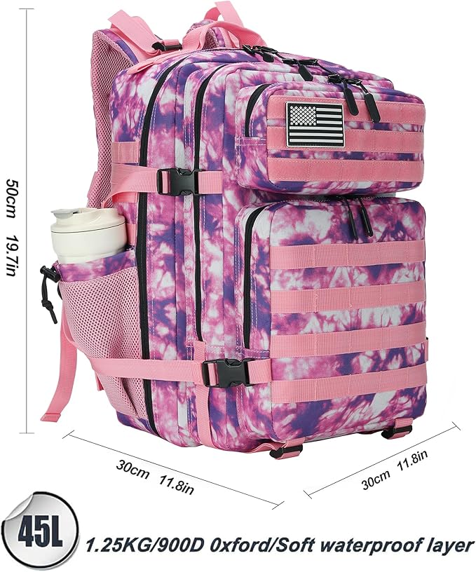 45L Tactical Assault Backpack 3 day assault pack with Molle Waterproof backpack Rucksack for Tactical Backpacks (Rose Tie-Dye)
