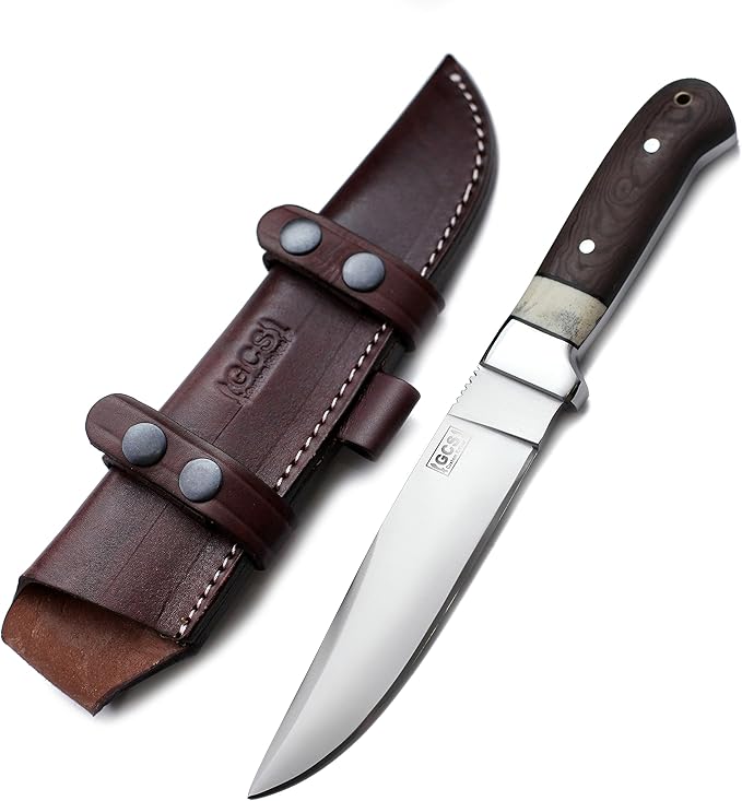 GCS Handmade D2 Steel Tactical Survival Hunting Camping Knife Brown Micarta Handle with Brown Leather Right or Left Hand Horizontal Fixed Blade Knife Sheath &amp Sharpening Stone GCS209