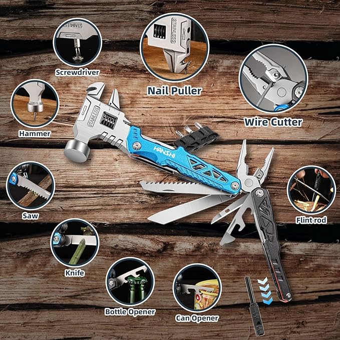 HANSHI Upgraded Adjustable Wrench Multitool Hammer with YG10 Tungsten Steel Replaceable Wire Cutters for Men18 in 1 Pocket Multi Tool Knife with Spring-Action Pliers for CampingSurvival (Blue)