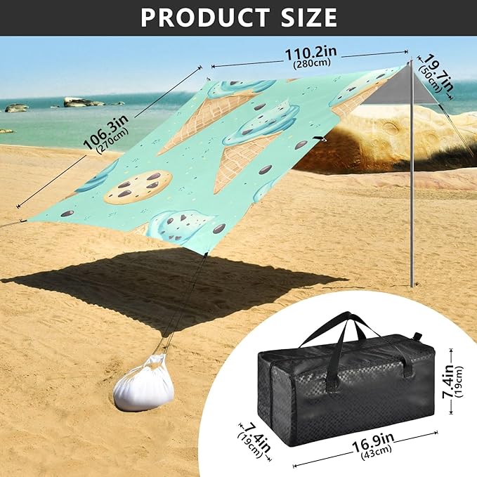 ALAZA Ice Cream Cookies Pattern Beach Tent Sun Shelter Portable Canopy Sunshade for Outdoor Camping Picnics Backyard Fun 10x9 ft